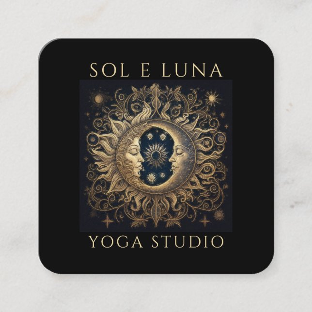 Holistic Celestial Gold Black Sun Moon Gold Black Square Business Card (Front)