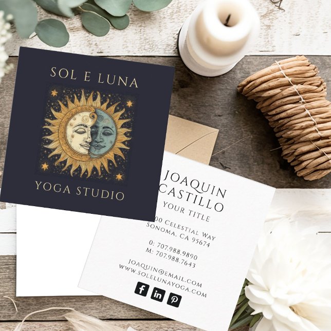Holistic Celestial Gold Dark Blue Black Sun Moon Square Business Card (Creator Uploaded)