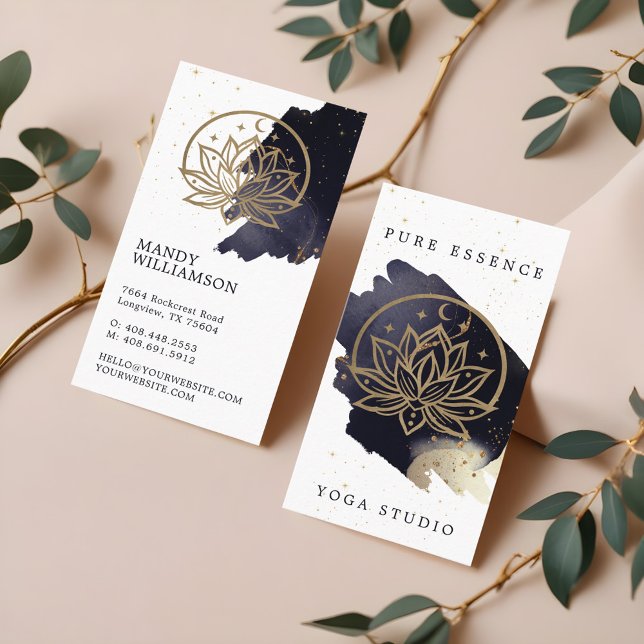 Holistic Celestial Moon & Lotus Dark Ink Monogram Business Card (Holistic Celestial Moon & Lotus Dark Ink Monogram Business Card)