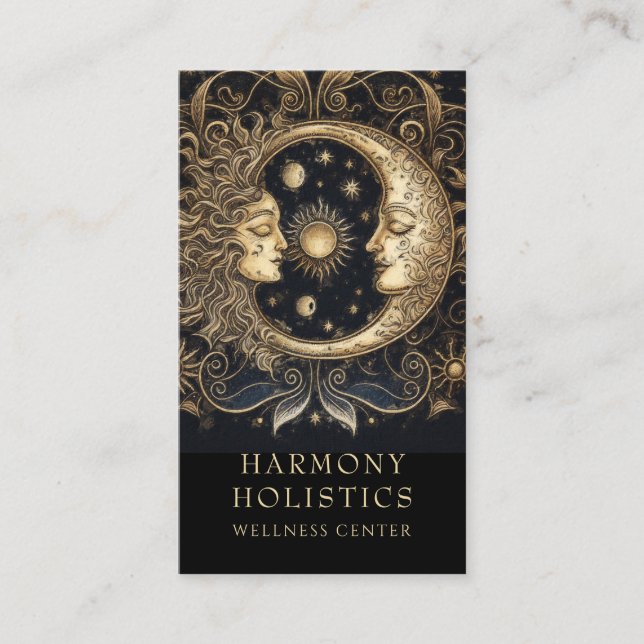 Holistic Celestial Sun Moon Faces Stars Gold Black Business Card (Front)