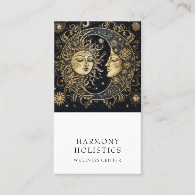 Holistic Celestial Sun Moon Stars Gold Black Business Card (Front)
