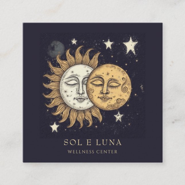 Holistic Celestial Sun Moon Stars Square Business Card (Front)