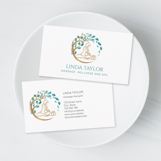 Holistic Massage Therapist Wellness Spa Business Card (assage therapy business logo with circular emblem and wellness business card design)