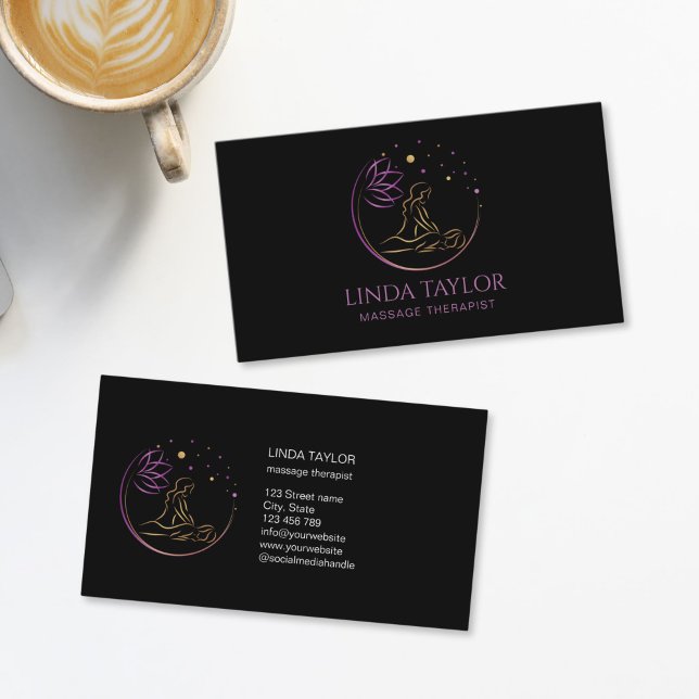Holistic Massage Therapy Healer Energy Business Card (massage therapist logo, gold and purple on the black background)