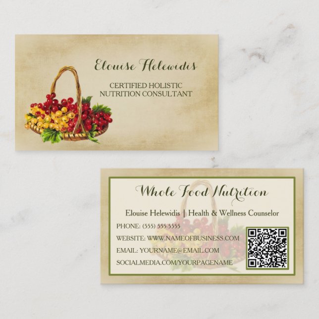 Holistic Nutrition Consultant Fruit Basket QR Code Business Card (Front/Back)