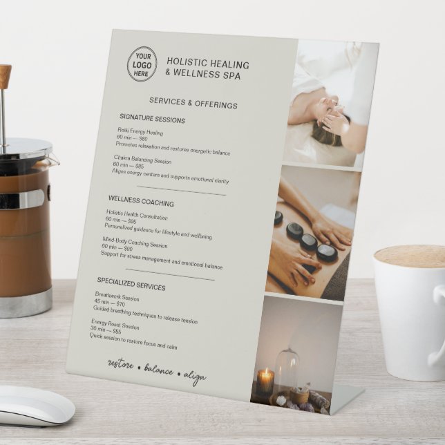 Holistic Wellness Services Menu Neutral Beige Pedestal Sign (In SItu)