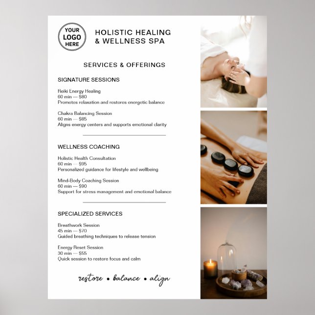 Holistic Wellness Services Menu White Poster (Front)