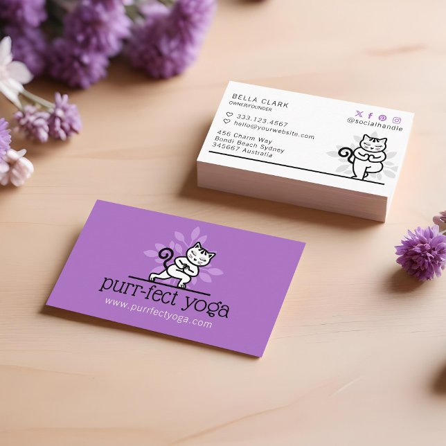Holistic Yoga Cat Meditating Yoga Pose Purple Business Card (Holistic Yoga Cat Meditating Yoga Pose Purple Business Card)
