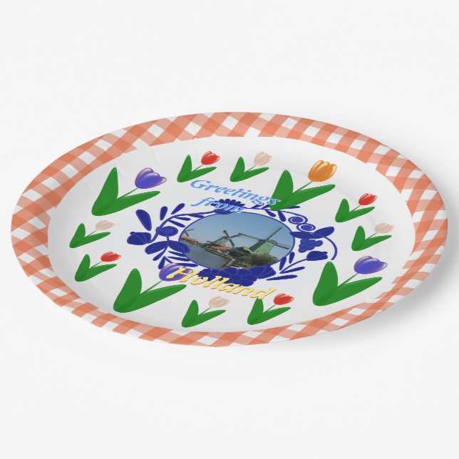 Holland Delftware Style Tulips Floral Pattern Paper Plate (Angled)