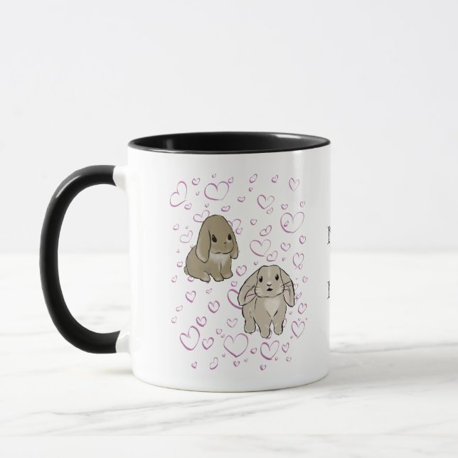 Holland lop bunnies with hearts mug (Left)