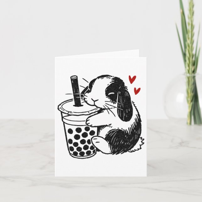 Holland Lop Rabbit Loves Boba Tea Bunny And Bubble Card (Front)