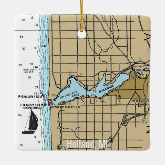 Holland MI Nautical Chart Ceramic Ornament (Back)