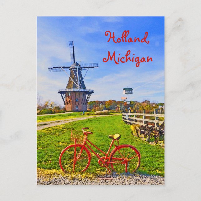 Holland, Michigan/Windmill, bicycle, fall colours Postcard (Front)