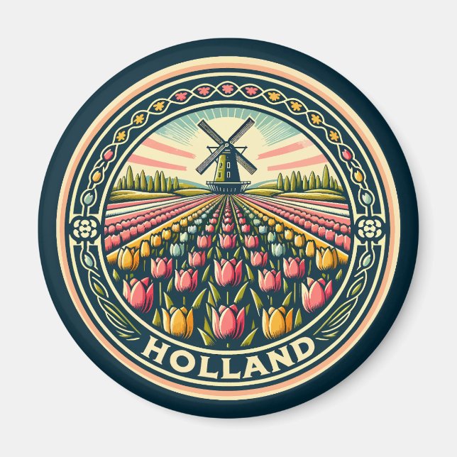Holland Netherlands Travel Art Badge Magnet (Front)