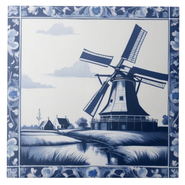 Holland Netherlands Windmill Delft Blue and White Tile (Front)