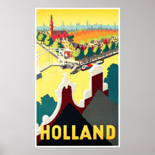 Holland panorama, areal view from roofs, vintage poster