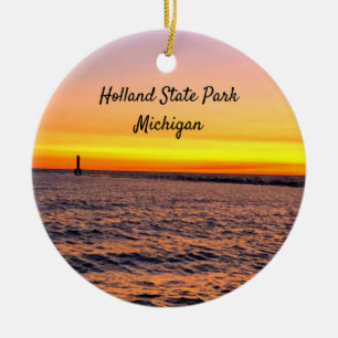 Holland State Park Michigan Pier Sunset Ceramic Tree Decoration