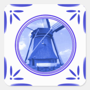 Holland Windmill Delft-Blue-Tile-Look Printed Square Sticker