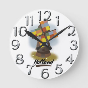 Holland windmill travel poster round clock