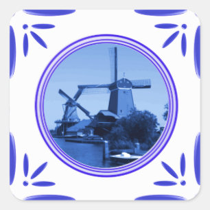 Holland Windmills Delft-Blue-Tile-Look Printed Square Sticker