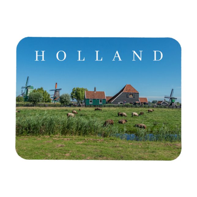 Holland Zaanse Schans windmills view fridge magnet (Horizontal)