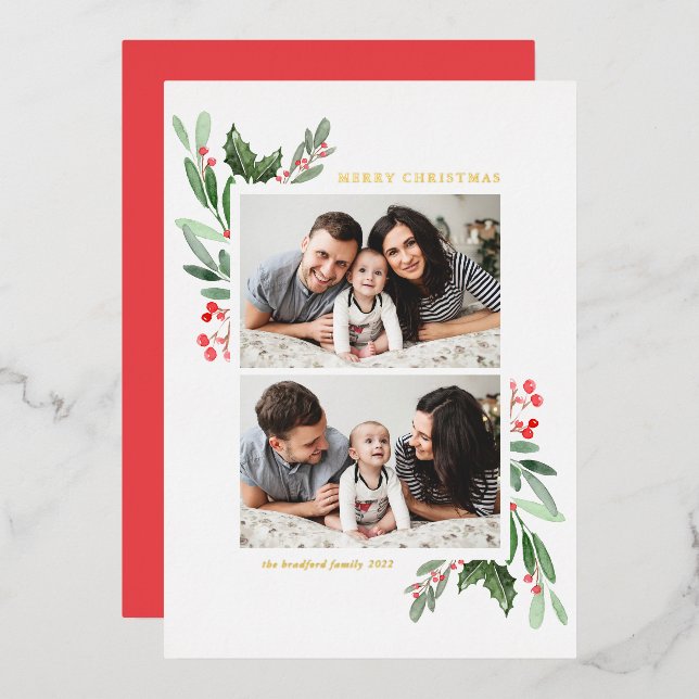 Hollies and Greenery Two Photo Merry Christmas (Front/Back)