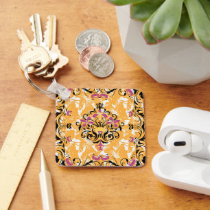 Hollow Life, Bold Black Orange Floral Key Ring