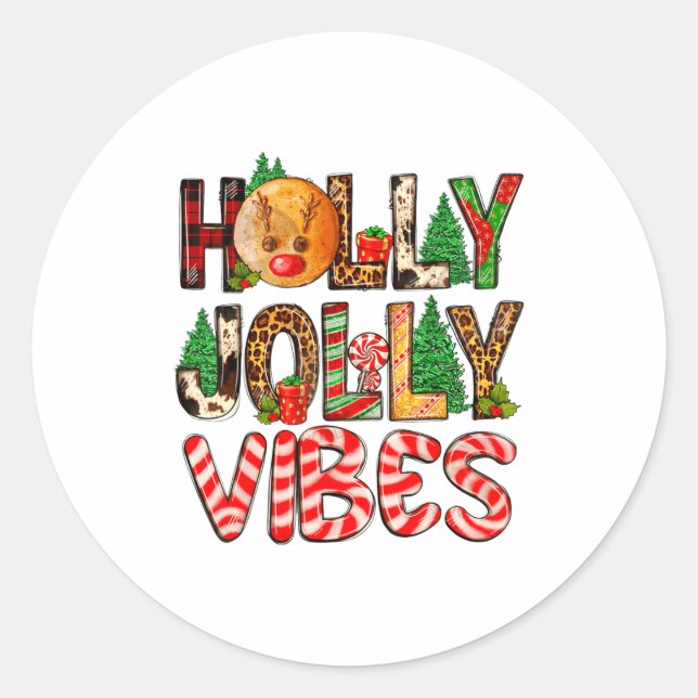 Holly A Jolly Vibes Reindeer Christmas Trees Light Classic Round Sticker (Front)