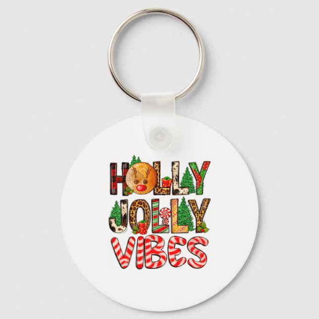 Holly A Jolly Vibes Reindeer Christmas Trees Light Key Ring (Front)