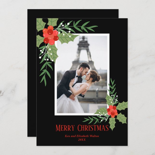 Holly and Berries Christmas Photo Holiday Card (Front/Back)