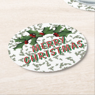  Holly and Berries Christmas  Round Paper Coaster