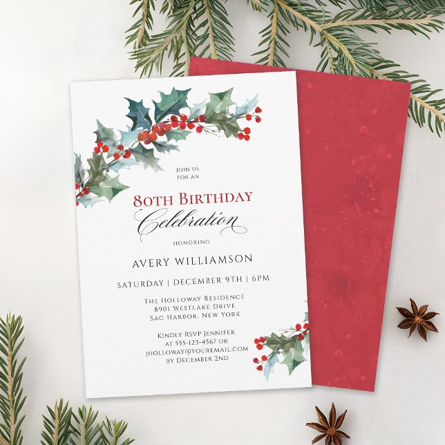 Holly and Berries Evergreens 80th Birthday Party Invitation (Available in both printed and instant download digital formats for your convenience.)