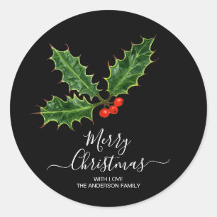 Holly and Berries Merry Christmas & Family Name Classic Round Sticker