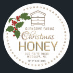Holly and Berries Merry Christmas Gold Hive Honey Classic Round Sticker<br><div class="desc">Classy Stylised Holly and Berries Circles Border in a colourful red,  green and gold with Merry Christmas written in an elaborate embossed gold font.  A dainty border of circles surrounds the perimeter. Change text below HONEY to say "LOVE FROM SANTA" if desired</div>
