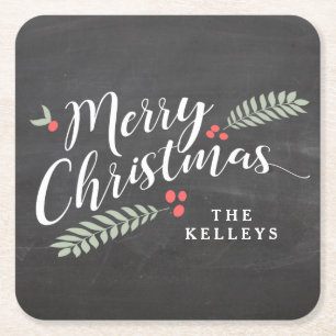 Holly and Berries Merry Christmas Personalised Square Paper Coaster