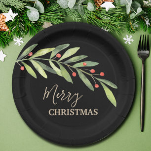Holly and Berries on Black Christmas Paper Plate