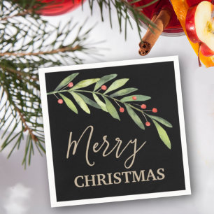 Holly and Berries on Black Merry Christmas Napkin