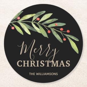 Holly and Berries on Black Merry Christmas Round Paper Coaster
