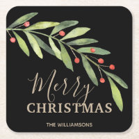 Holly and Berries on Black Merry Christmas