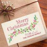 Holly and Berries on Ivory Christmas Holiday Rectangular Sticker<br><div class="desc">Personalized holiday Christmas RECTANGLE stickers with a stylish,  modern watercolor of green holly and red berries on a pale ivory stripe background with your greeting and info in chic lettering. MATCHING items in our store.</div>