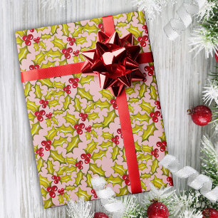 Holly and Berries on Pink Festive Whimsy Christmas Wrapping Paper
