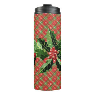Holly and Berries on Red Christmas Plaid Thermal Tumbler