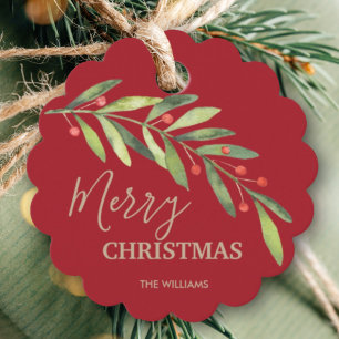 Holly and Berries on Red Merry Christmas Scallop Favour Tags