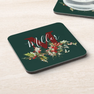 Holly and berries personalised beverage coaster