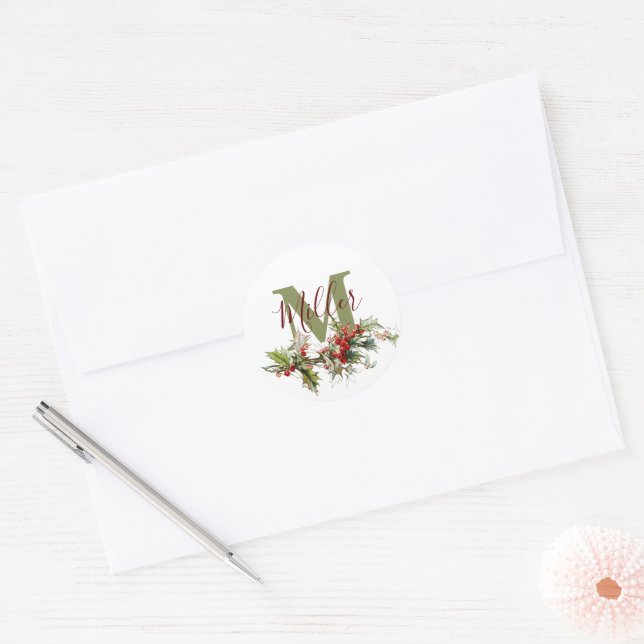 Holly and berries personalised classic round sticker (Envelope)