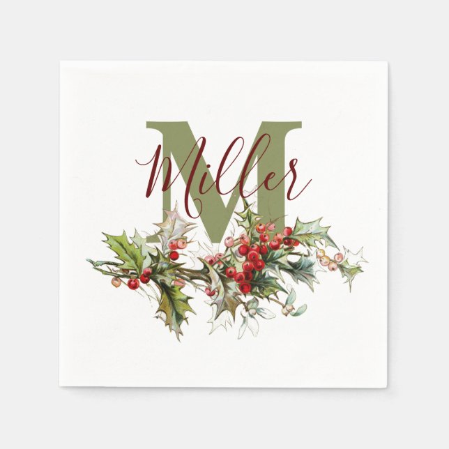 Holly and berries personalised  napkin (Front)
