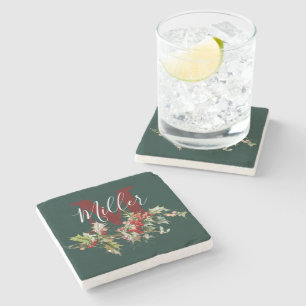 Holly and berries personalised stone coaster