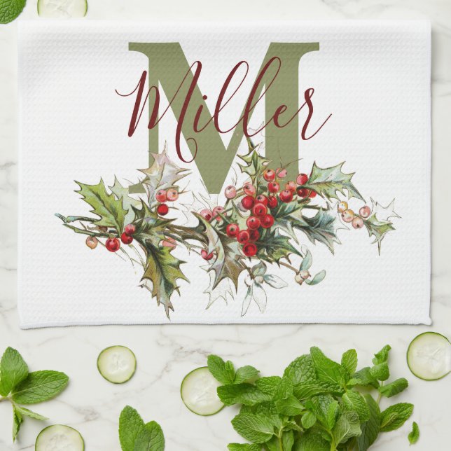 Holly and berries personalised  tea towel (Folded)