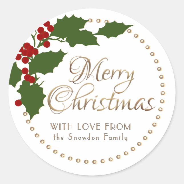Holly and Berries Personalized Merry Christmas  Classic Round Sticker (Front)