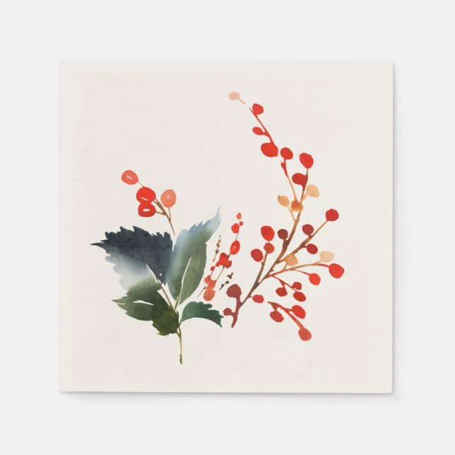 Holly and Berries Watercolor Napkin (Front)